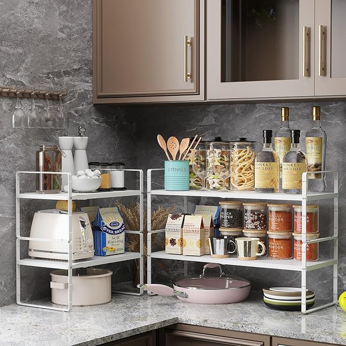 16.5~27.1" Expandable Shelf Organizer, 2Pack 8.1" Wide Stackable Cabinet Shelf Organizers, White Metal Sturdy Kitchen Counter Storage for Countertop, Adjustable Height Spice Rack-CasaMuseHome