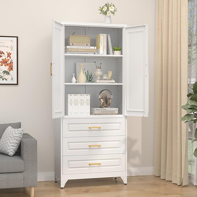 75" Kitchen Pantry Cabinet with 3 Drawer,Metal Storage Cabinets with Doors and 4 Adjustable Shelves,White Kitchen Cabinet with 2 Gold Handles,Food Cupboard for Livingroom,Pantry, Bathroom-CasaMuseHome
