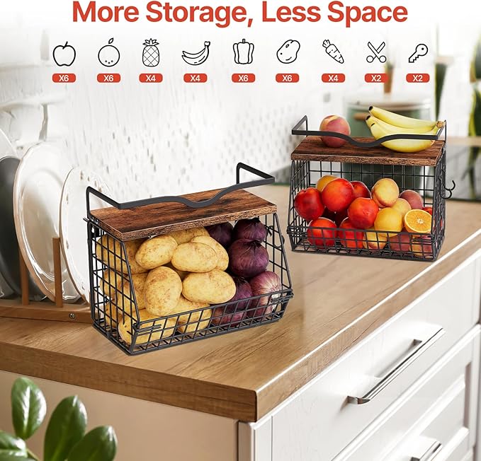 2 Pack Fruit Bowl Hanging Fruit Basket for Kitchen Counter ,Stackable Wire Baskets for Onion Storage and Potato Storage with Wood Lid,Vegetable Fruit Basket with Banana Hooks-CasaMuseHome