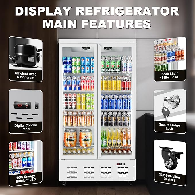 30.5 Cu.ft. Commercial Refrigerators 2 Glass Door Commercial Beverage Refrigerators Upright Display Cooler with Soft LED Light and 10 Adjustable Shelves for Restaurant Grocery Stores Home-CasaMuseHome
