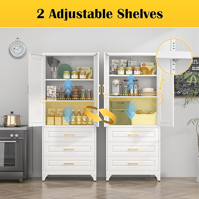 75" Kitchen Pantry Cabinet with 3 Drawer,Metal Storage Cabinets with Doors and 4 Adjustable Shelves,White Kitchen Cabinet with 2 Gold Handles,Food Cupboard for Livingroom,Pantry, Bathroom-CasaMuseHome