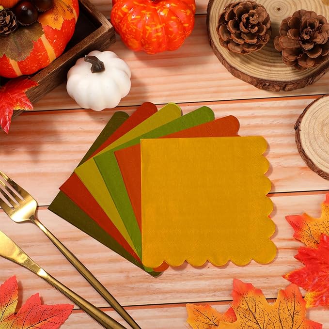 150 Pcs 5 x 5 Inches Fall Thanksgiving Paper Napkins Scalloped Cocktail Napkins Disposable Autumn Harvest Party Supplies Dessert Beverage Bathroom Table Dinner Wedding Decor-CasaMuseHome