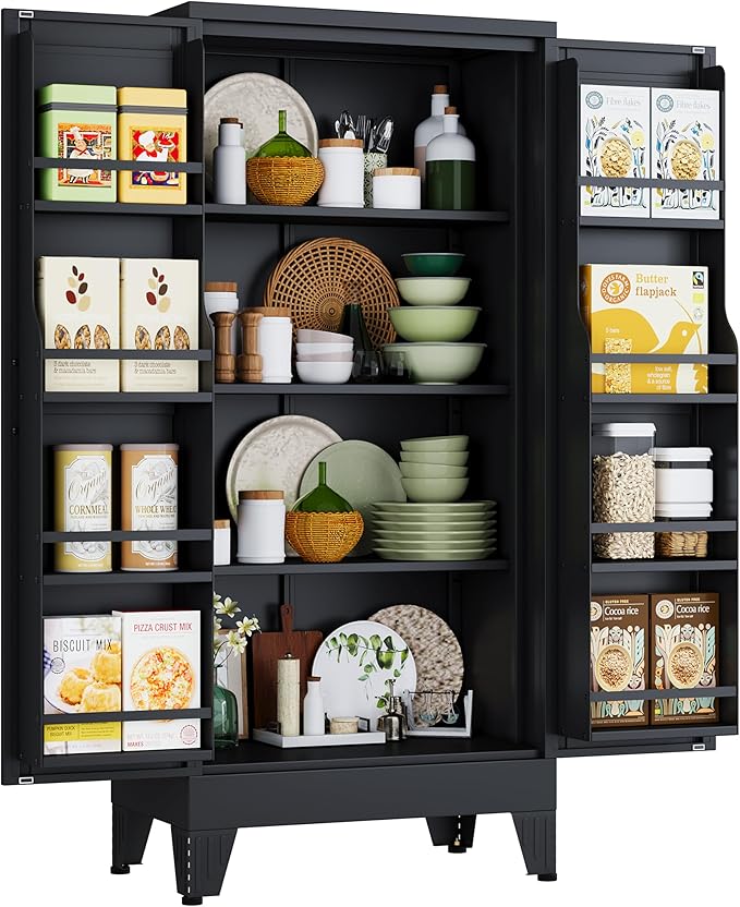51" H Metal Kitchen Pantry Storage Cabinet, Freestanding Cupboard Storage Cabinet with Doors and Adjustable Shelves, Large Stand Up Food Cupboard for Living Room, Dinning Room, Black-CasaMuseHome