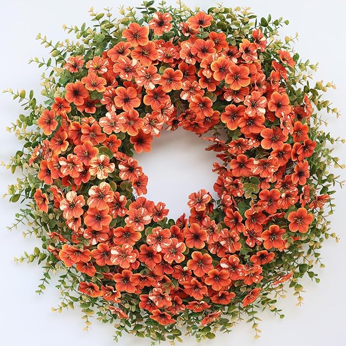 26" Fall Wreath for Front Door, Porch, Window - Large Artificial Boxwood Leaves with Fake Daisy Flowers Outdoor Wreath Faux Eucalyptus for Home Farmhouse Harvest Festival Thanksgiving Day Autumn Decor-CasaMuseHome