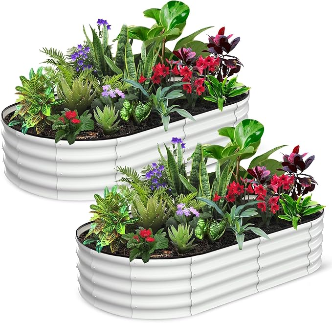 2 Pcs 6x3x1ft Oval Raised Garden Bed, Galvanized Raised Beds,Open-Ended Base Metal Raised Planter Beds,Garden Bed Outdoor,Planter Raised Boxes for Vegetables, Flowers,Tool-Free Asse,White-CasaMuseHome