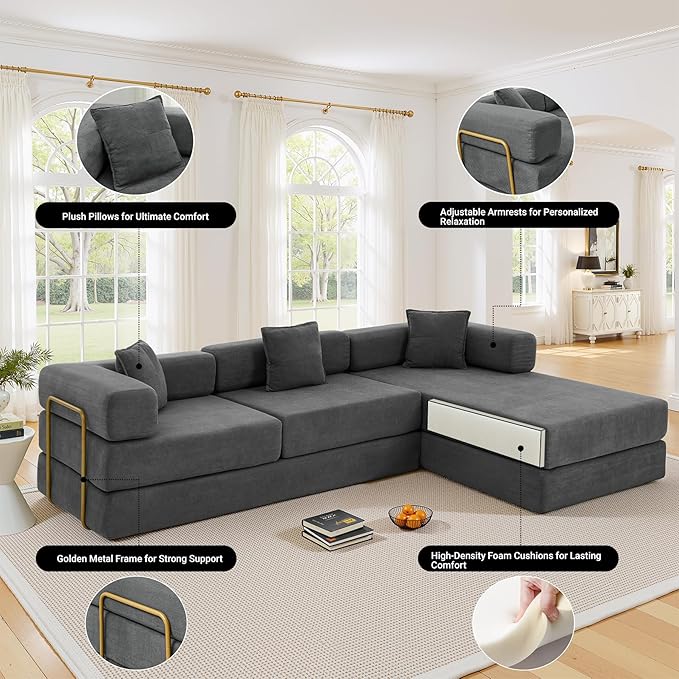 108" Oversized Convertible Sleeper Sofa Bed, Corduroy L Shape Sectional Couch, Folding Sofa Bed with Side Pocket, Modern Cloud Floor Mattress Couch, Modular Sofa for Living Room, Grey-CasaMuseHome