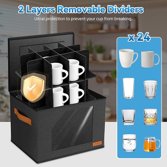 2-Layer Coffee Mug Storage Box with Dividers, Coffee Cup Storage Organizer with Zipper Lid and Handles, Stackable Mug and Cup organizer Service for 24 Coffee Mugs, Cups and Glasses, Dark Grey-CasaMuseHome