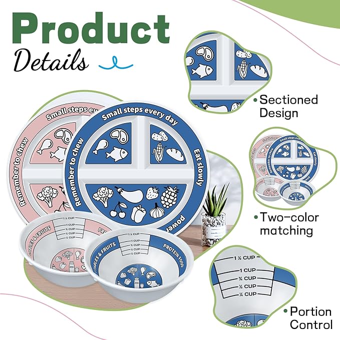 4 Pcs Portion Control Plates & Bowls Set (2 Plates + 2 Bowls, 9 Inch) - Self-Measuring for Weight Loss, Gastric Bypass, LapBand, Diabetes & Healthy Diets, Pink & Blue, for Adults & Children-CasaMuseHome
