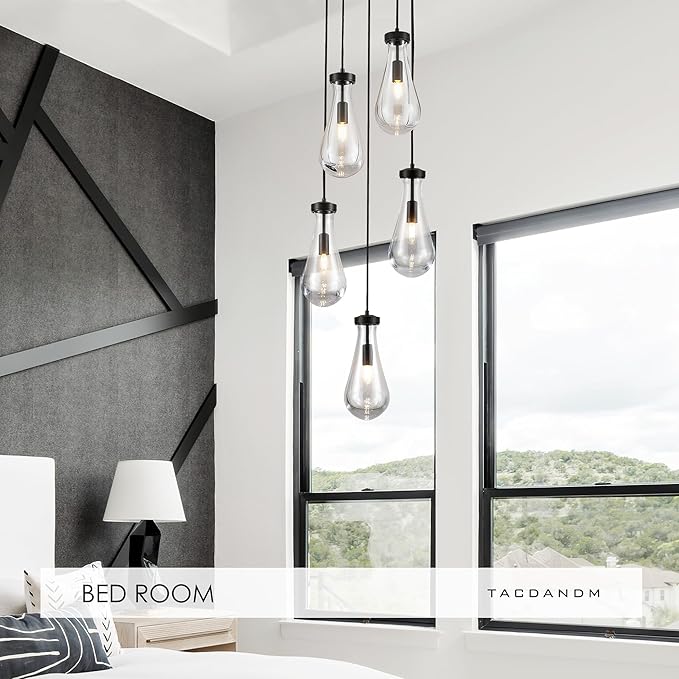 5-Light Raindrop Pendant Light Fixtures, Black Glass Pendant Lighting, Teardrops Modern Hanging Light for Entryway Foyer Kitchen Island Dining Living Room Hallway-CasaMuseHome