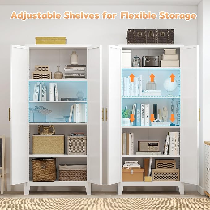 70.87" H Metal Kitchen Pantry Cabinet, Freestanding Cupboard with 2 Doors and 4 Adjustable Shelves, Tall Metal Storage Cabinet for Kitchen, Bathroom, Dinning Room or Laundry Room （White）-CasaMuseHome