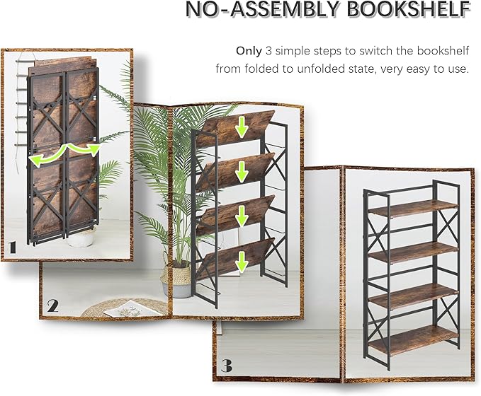 4NM 4 Tiers No Assembly Book Shelves, 41.3" H Folding Bookshelf Bookcase Open Industrial Foldable Shelves for Bedroom, Living Room, Home Office - Rustic Brown Black-CasaMuseHome