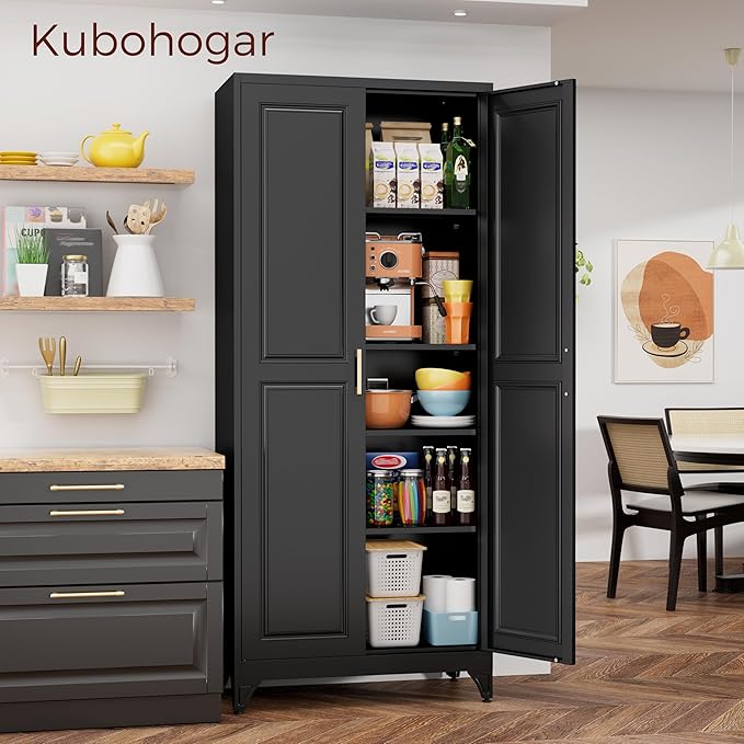 75" Kitchen Pantry Cabinet, Black Metal Storage Cabinets with 2 Doors and 4 Adjustable Shelves, Tall Pantry Storage Cabinet for Kitchen, Dining Room, Living Room-CasaMuseHome