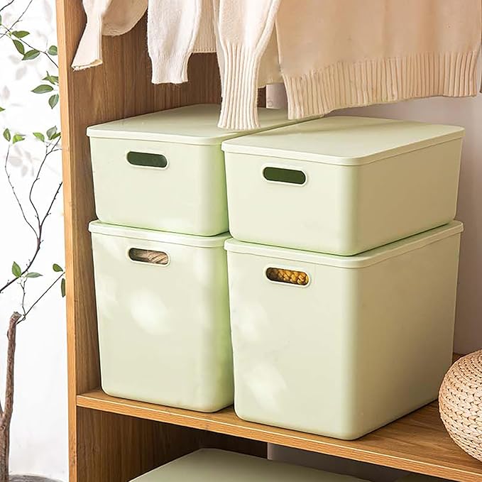 4 pack large plastic White storage bins Baskets, Toy Box Chest with Lids and Handle，Organizer Containers for Baby，Kids,snacks,Nursery，Shelves，Playroom, Bedroom，Office,Closet，home-CasaMuseHome