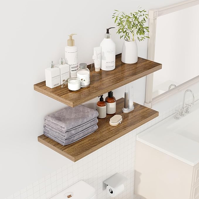 32" Floating Shelves for Wall, 12" Deep Slim Walnut Floating Shelves, Wall-Mounted Shelves for Bedroom, Living Room, Kitchen, Bathroom - Set of 2-CasaMuseHome