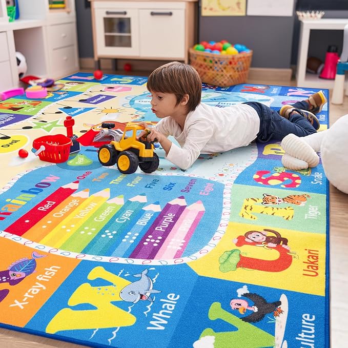 4x6 Playroom Rugs for Kids Washable, Educational and Fun Playmat with ABC Alphabet Animals Shapes Colors, Non-Slip Play Mat Learning Rugs for Baby Toddler Children Game Activity, Blue-CasaMuseHome