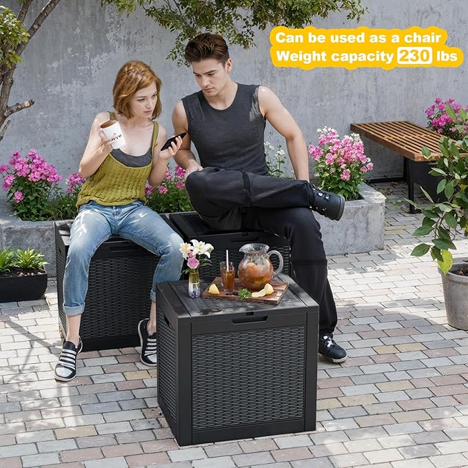 30 Gallon Wicker Pattern Resin Deck Box, Lockable Patio Outdoor Storage Box for Furniture, Garden Tools and Tools Storage, Waterproof Outside Storage Box - Black Rattan-CasaMuseHome