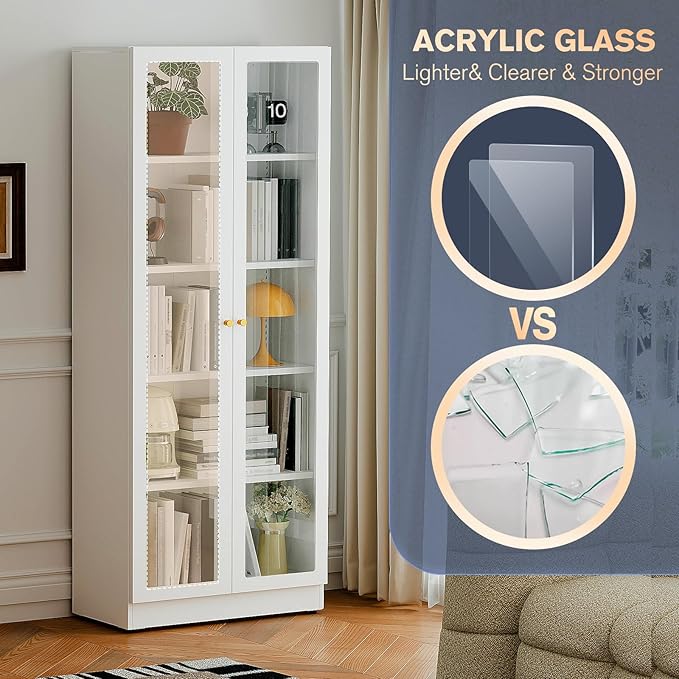 5 Tier Metal Curio Cabinets, Modern Bookshelf Cabinet with 4 Adjustable Shelves, Cabinet Display Case for Home Office, Living Room, Pantry (White-27.5W)-CasaMuseHome