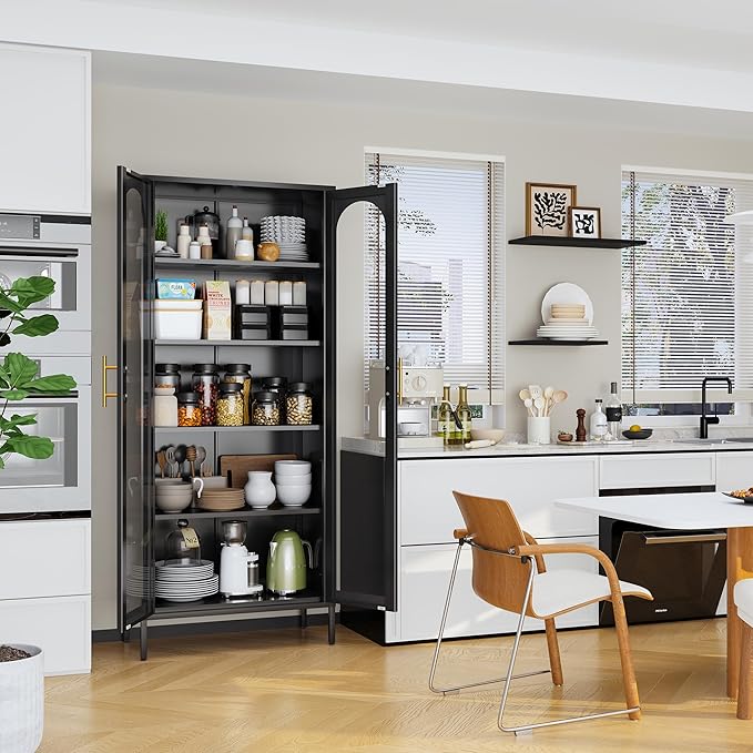 71" Tall Display Cabinet, 5-Tier Bookshelf with Doors & Adjustable Shelf, Modern Storage Cabinets Ideal for Book, Wine, Collectibles, Free Standing Bookcase for Home, Office, Living Room-CasaMuseHome