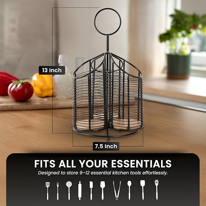 360° Rotating Kitchen Utensil Holder- 3 Compartment Organizer with Cork Bottoms | Includes Premium 9-Piece Acacia Wood Utensil Set | Professional & Home Luxury Design | Metal Utensil Crock (Black)-CasaMuseHome
