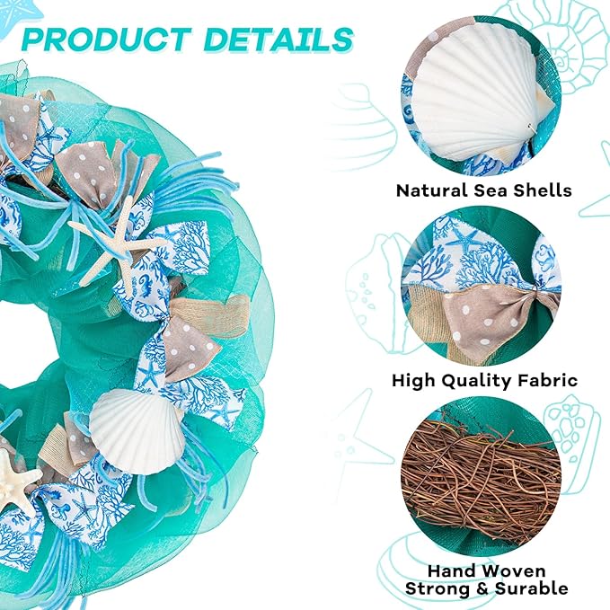 26 Inch Coastal Seashell Large Wreath with Natural Starfish & Scallops Shell, Lake Blue Beach Style Front Door Wreath with for Spring Summer, Farmhouse Rustic Indoor Outdoor Home Wall Wedding Decor-CasaMuseHome