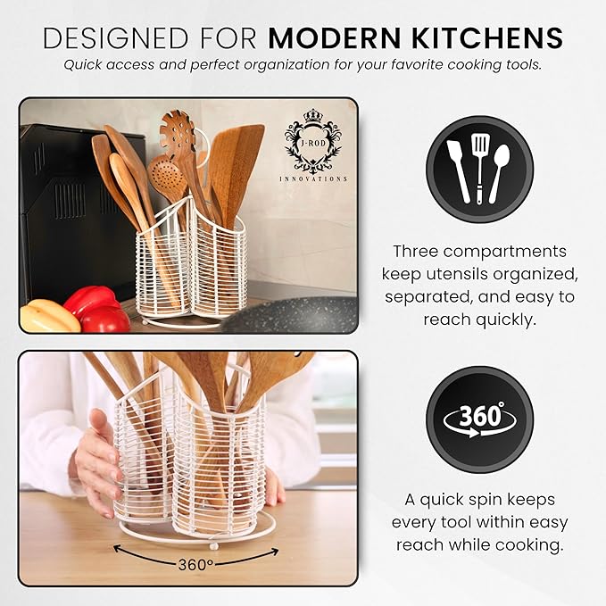 360° Rotating Kitchen Utensil Holder- 3 Compartment Organizer with Cork Bottom | Includes Premium 9-Piece Acacia Wood Utensil Set | Professional Luxury Design | Metal Utensil Crock (Matte white)-CasaMuseHome