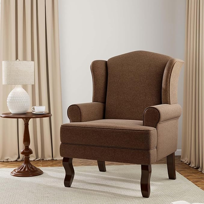 Accent Chair, High Back Upholstered Armchair with High Resilience Sponge & Wood Legs, Mid-Century Modern Comfy Single Sofa Reading Chairs for Living Room, Bedroom (Brown, Set of 1)-CasaMuseHome