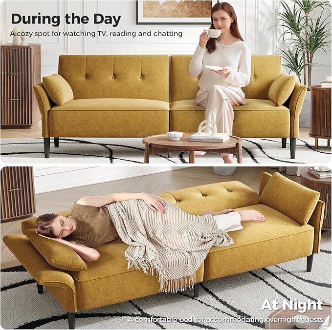 89” Futon Sofa Bed,Comfy Futon Couch Bed with 2 Square Pillows, Convertible Sleeper Sofa with Adjustable Backrest& Armrests, Modern Loveseat Sleeper for Living Room, Bedroom, Yellow-CasaMuseHome