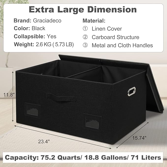 75 Quarts Extra Large Decorative Storage Bins with Lids, 3 Packs Black Collapsible Storage Bins with Lids, Stackable Storage Bins Decorative Box Storage With Lid Extra Large-CasaMuseHome