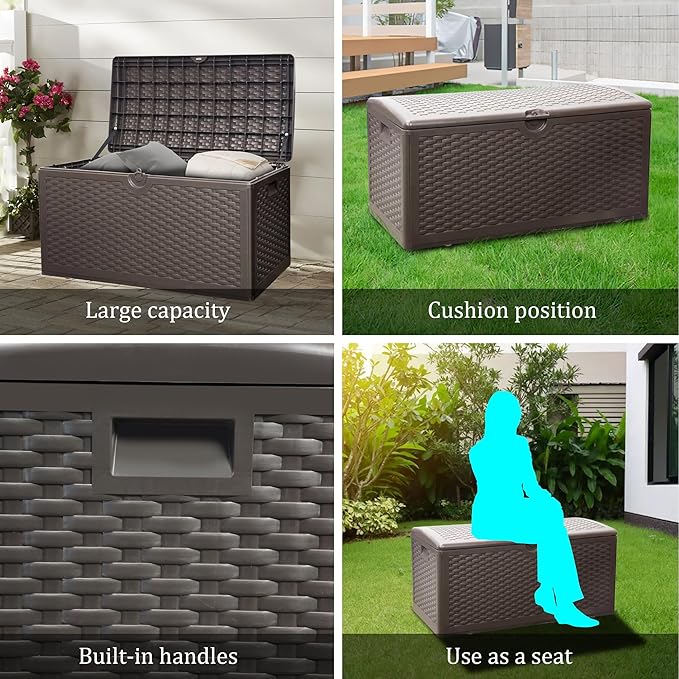 80 Plus Gallon Outdoor Storage Box, Waterproof Resin Deck Box Outdoor Storage Bin for Patio, Poolside, and Garden, Lockable & UV-Resistant, Ideal for Small Spaces, Brown-CasaMuseHome