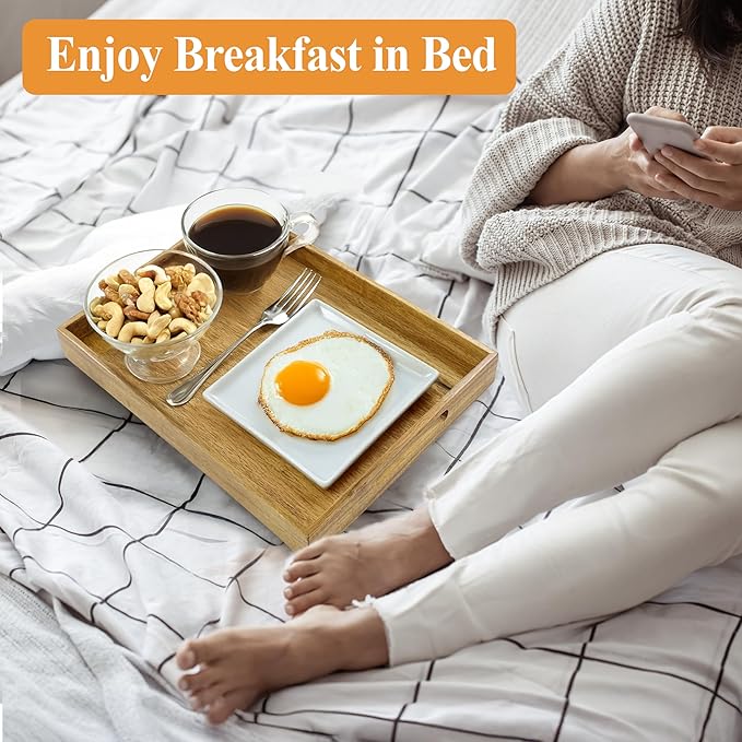 3 Pack Acacia Wood Serving Tray with Handles, Decorative Serving Trays Platter for Breakfast in Bed, Lunch, Dinner, Patio, Ottoman, Coffee Table, BBQ, Party, Great for Lap &Couch (Set of 3)-CasaMuseHome