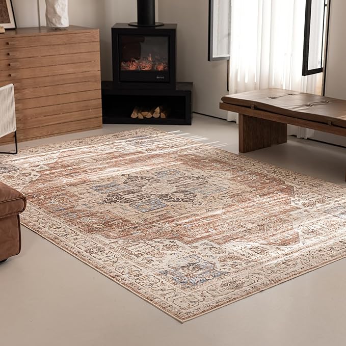 6'x9' Area Rug - Vintage Persian Medallion Design Low-Pile Faux Wool Rug, Non-Slip Backing, Machine Washable, for Living Room, Dining Room, Bedroom (Brick Red)-CasaMuseHome