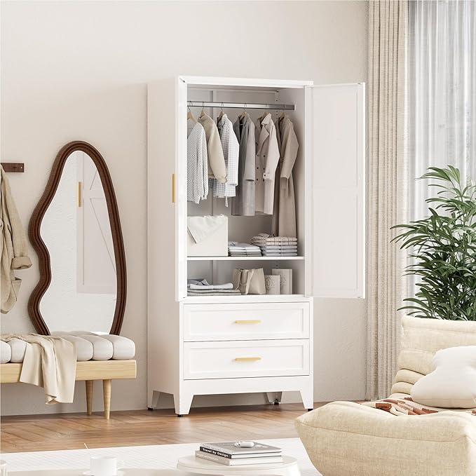 71'' Farmhouse Metal Wardrobe Cabinet with Hanging Rod, 2 Barn Door Wardrobe Closet with Adjustable Shelves,2 Drawer,for Dining Room,Bedroom,Living Room, Cloak Room,Office (White)-CasaMuseHome