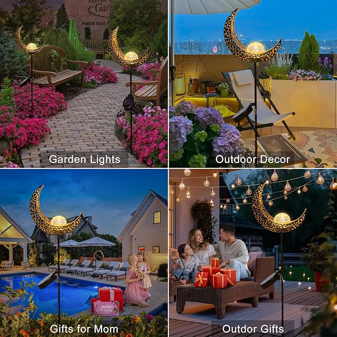 2Pack Moon Garden Solar Lights Outdoor Stakes Waterproof, Gifts for Mom, Crackle Glass Patio, Backyard Decorations, Balcony Lawn Ornaments, for Women Men Grandma (Bronze)-CasaMuseHome