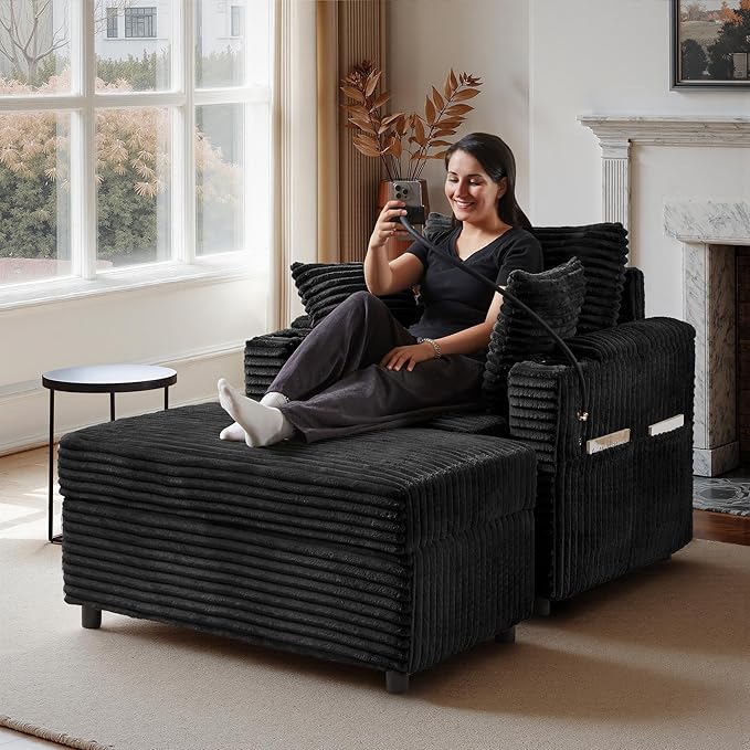 Accent Chair with Storage Ottoman Upholstered Living Room Chairs for Reading Chair with Chaise Lounge Chairs Indoor, Comfortable Armchair for Bedroom-CasaMuseHome