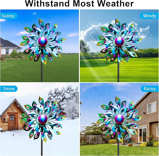 51.9" Peacock Solar Wind Spinner Outdoor Decor – Waterproof LED Lighted Garden Art with Adjustable Metal Pole, IP65 Weather Resistant for Yard, Patio-CasaMuseHome