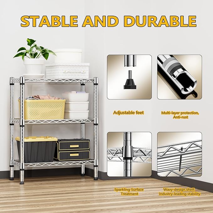 750 lbs 3 Tier Shelf Metal Storage Shelves Wire Rack Closet Organizers for Garage Kitchen Bathroom Laundry Chrome 11.8" D x 25.6" W x 31.5" H-CasaMuseHome