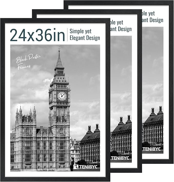 24x36 Poster Frame 3 Pack - Black Woodgrain, Solid Wood Picture Frame, Wall Gallery Frame - Wall Hanging-CasaMuseHome