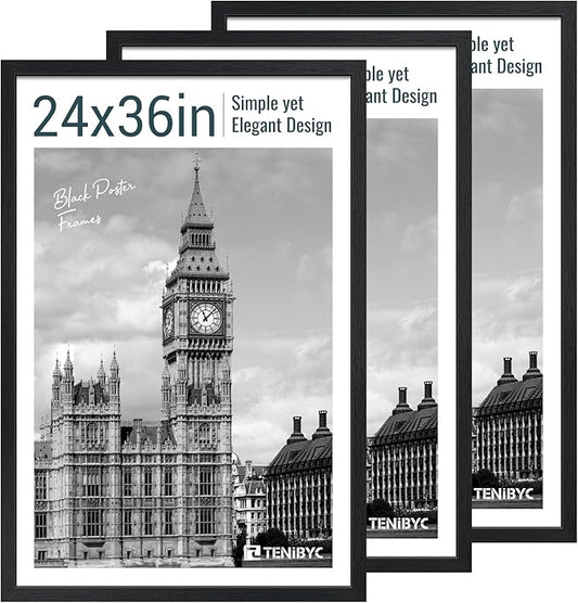 24x36 Poster Frame 3 Pack - Black Woodgrain, Solid Wood Picture Frame, Wall Gallery Frame - Wall Hanging-CasaMuseHome