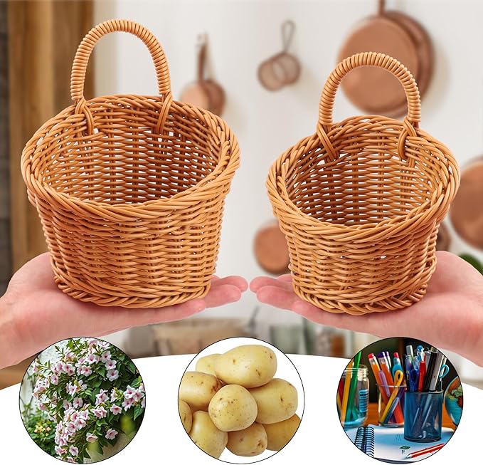 6 Pack 3 Size Woven Hanging Fruit Basket, Wall Hanging Wicker Baskets, Wall fruit Wicker Basket for Kitchen, Planter, Vegetable & Fruit, Boho Home Decor-CasaMuseHome