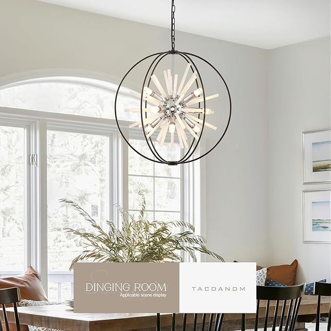 23.6" Black Chrome 12-Light Globe Sputnik Chandelier Modern Adjustable Hanging Ceiling Glass Tube Pendant Light Fixture for Entryway Foyer Staircase Dining Living Room Hallway-CasaMuseHome