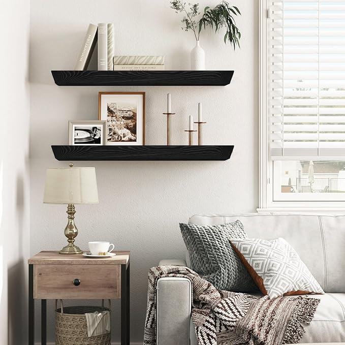 24"x6.8"x1.6" Slanted Floating Wall Shelves 2-Pack - Rustic Black Finish, Heavy-Duty Solid Wood Design with Hidden Brackets - Perfect for Living Room, Kitchen, Bathroom, or Office-CasaMuseHome