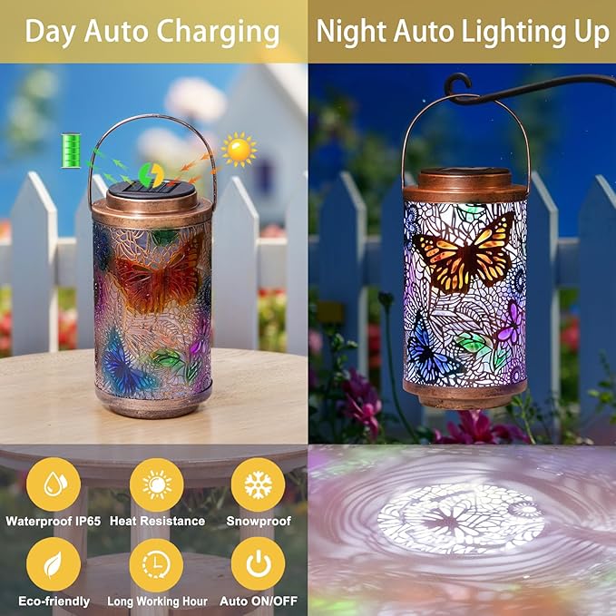 2Pack Solar Lanterns Outdoor Waterproof Colorful Butterfly Garden Gifts for Women, Multicolor Solar Outside Lights Patio Lantern for Yard, Backyard, Porch, Mothers Day Gifts for Mom Grandma Wife-CasaMuseHome