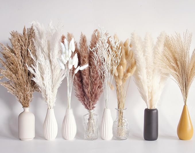 128 PCS Dried Pampas Grass Bouquet, Boho Table Decor, Bunny Tails Dried Flowers, Brown Pampas, White Pampas Grass for Weddings, Home Decor, Rustic Parties, and Baby Shower Decorations-CasaMuseHome