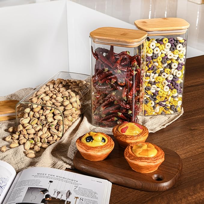 56oz Rectangle Airtight Glass Storage Containers with Bamboo Lids (Set of 4), Square Food Storage Jar, Pantry Organizers for Oats, Cereal, Pasta and Coffee beans (‎with Black Lable)-CasaMuseHome