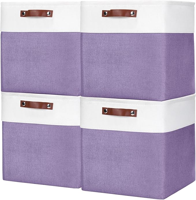 13x13 Cube Storage Bins, Collapsible Fabric Storage Box, 4 Pack Closet Baskets with Handles for Organizing, Shelf, Toys, Clothes, Home, Office, Nursery (Purple&White)-CasaMuseHome