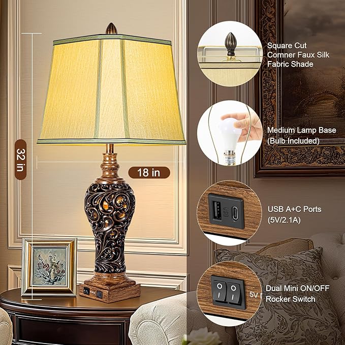32'' Tall Rustic Vintage Table Lamps Set of 2 with Night Lights - Bedside Lamp with Faux Silk Shades for Bedroom and Living Room with 2 USB Charging Ports,Rustic Lamps for Living Room(Bulb Included)-CasaMuseHome