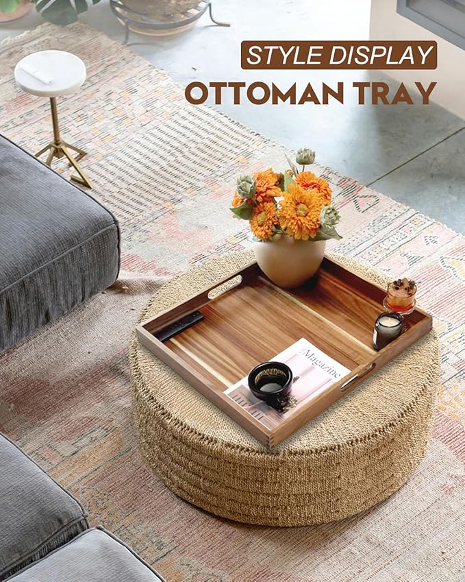 22 Inches Square Acacia Wood Ottoman Tray, Extra Large Wooden Serving Tray with Handles for Living Room, Serving Food Breakfast, Ottoman Coffee Table Couch Sofa Kitchen-CasaMuseHome