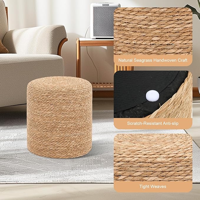 16'' Round Ottoman Natural Seagrass Braided Poof Hand Weaving Round Ottomans Boho Footrest Stool for Home Living Room Bedroom Patio(Natural)-CasaMuseHome