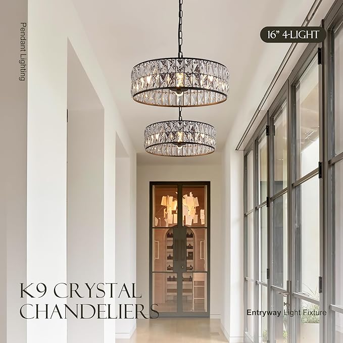 16” 4-Light Modern Crystal Chandeliers Black Dinning Room Light Fixture, Round Pendant Light Kitchen Island Chandelier, Flush Mount Ceiling Light for Living Room Entryway Bedroom Foyer-CasaMuseHome
