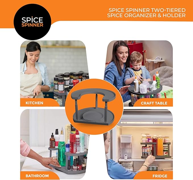 2-Tier Spice Rack Organizer for Cabinet | Rotating Lazy Susan Spice Organizer Holds 40 Spice Jars | Countertop & Pantry Spice Shelf for Kitchen Organization & Storage (Gray)-CasaMuseHome